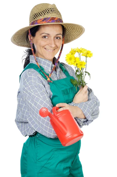 Attractive happy woman dressed gardener — Stock Photo, Image