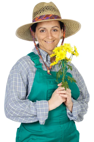 Attraente donna felice vestita giardiniere — Foto Stock