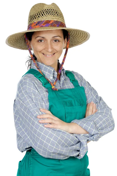 Çekici mutlu kadın giyinmiş bahçıvan — Stok fotoğraf