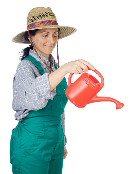 Приваблива щаслива жінка одягнена садівник — стокове фото