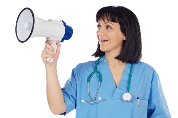 Femme médecin avec mégaphone — Photo
