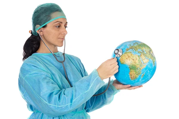 Attractive lady doctor curing the ill world — Stock Photo, Image
