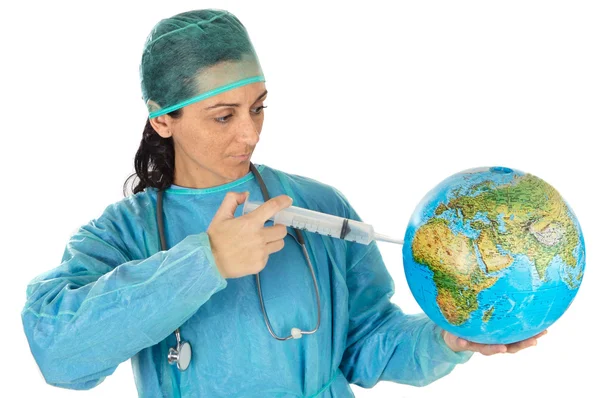 Attractive lady doctor curing the ill world — Stock Photo, Image