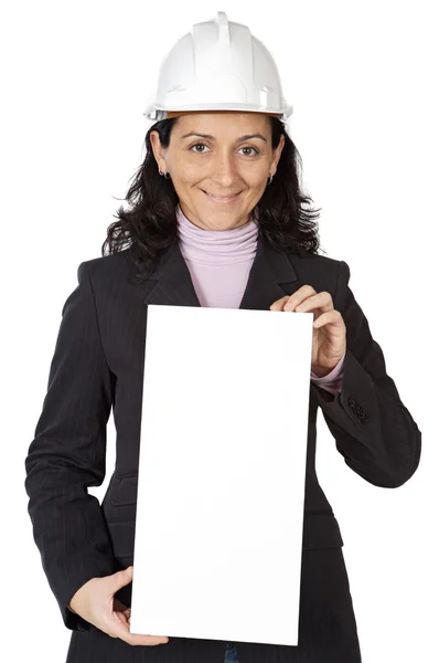 Attractive young person architect with a billboard in the hands — Stock Photo, Image