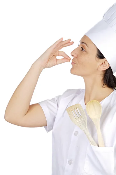 Счастливая привлекательная женщина повар становится худой пальцы — стоковое фото
