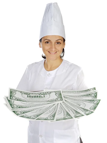 Vonzó cook nő pénzt takaríthatunk meg a vásárlások és étkezés — Stock Fotó