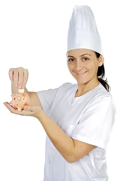 Attraente cuoco donna risparmio di denaro — Foto Stock