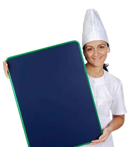Happy attractive cook woman with plate — Stock Photo, Image