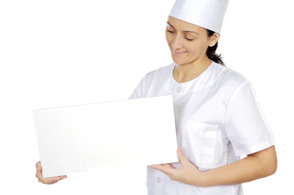Šťastný cook atraktivní žena s deskou — Stock fotografie