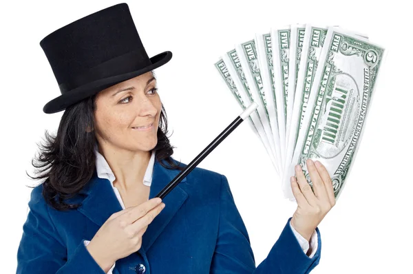 Atractiva mujer de negocios con una varita mágica y sombrero haciendo appea —  Fotos de Stock