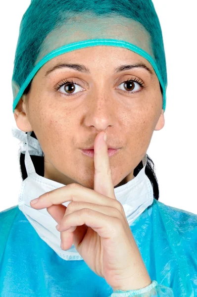 Lady doctor gesture asks silence — Stock Photo, Image