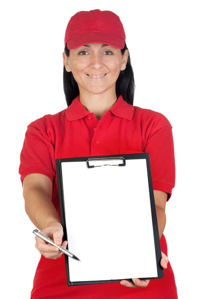 Beautiful dealer with clipboard with focus on face — Stock Photo, Image