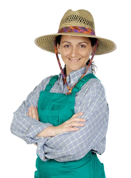 Привлекательная счастливая женщина, одетая в садовника — стоковое фото