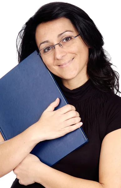 Mulher com livro e óculos — Fotografia de Stock