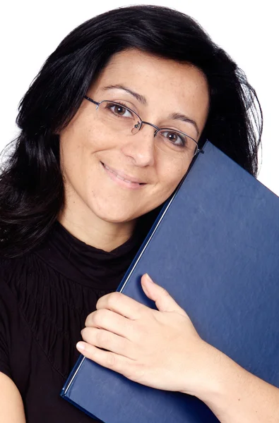 Kadın beyaz kitap ve gözlük — Stok fotoğraf