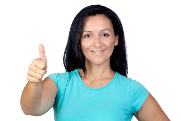 Adorable woman with blue t-shirt saying Ok Stock Photo