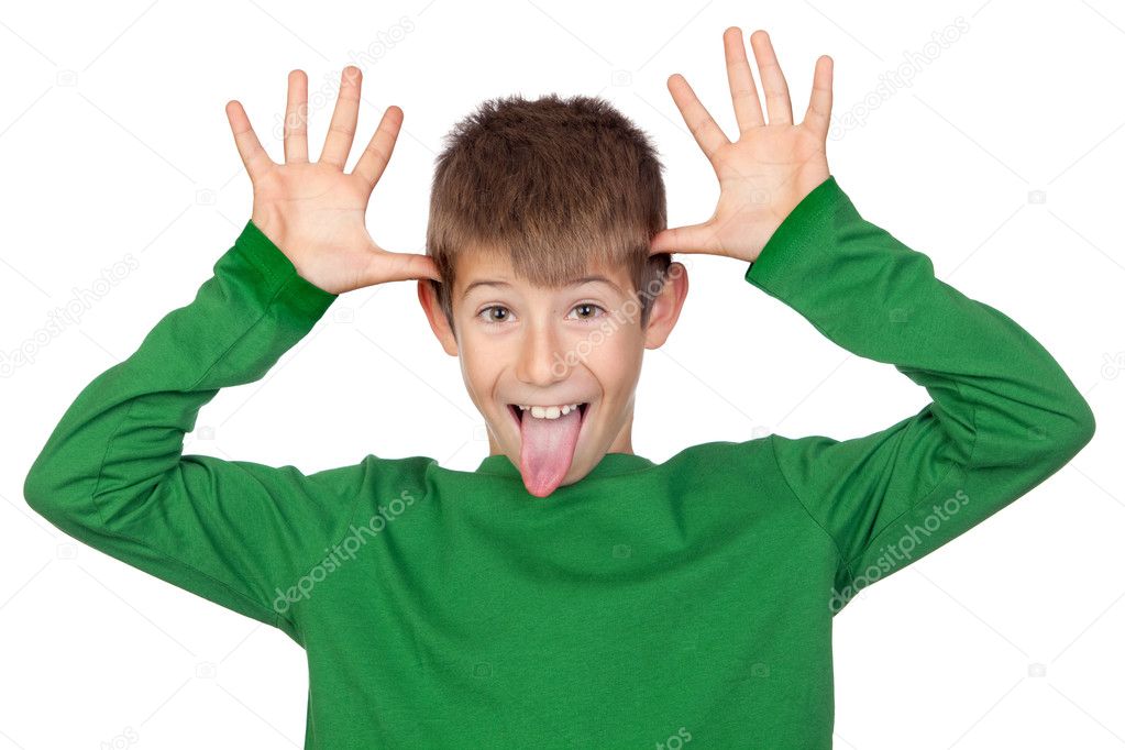 Funny child with green t-shirt mocking