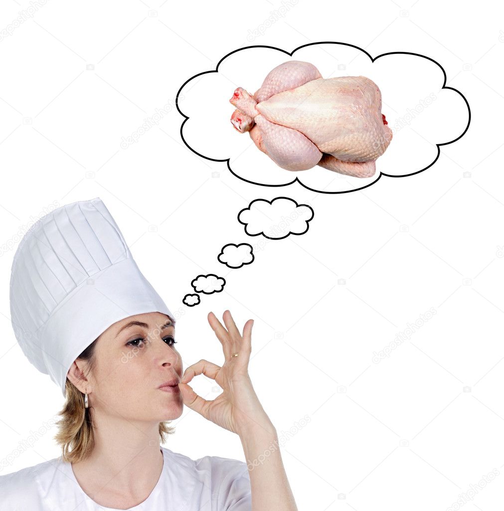 Attractive chef girl considering cooking a delicious chicken