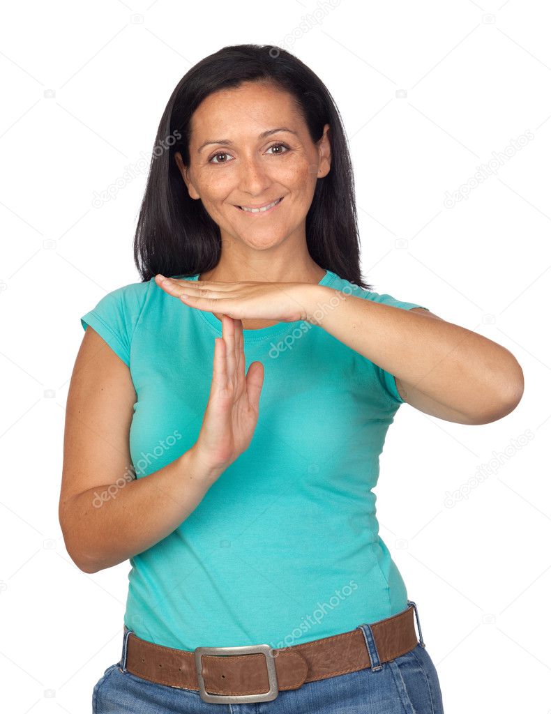 Brunette woman making the symbol of downtime