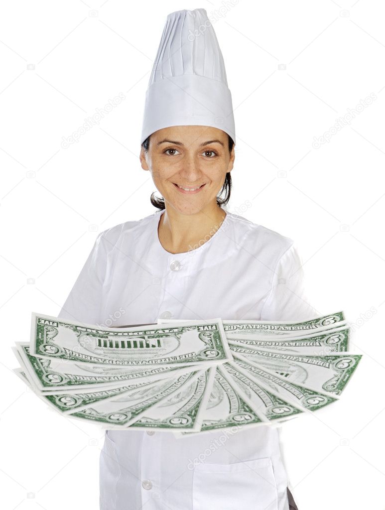 Attractive cook woman saving money in its purchases and meals