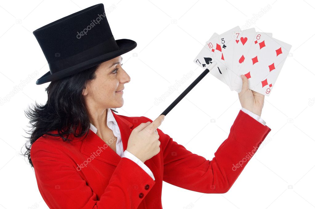 Attractive business woman with a magic wand and hat