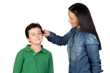 Mother pulling her child's ear for being naughty clipart