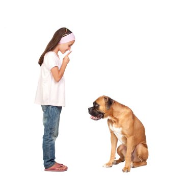 Adorable girl ordering silence his dog clipart