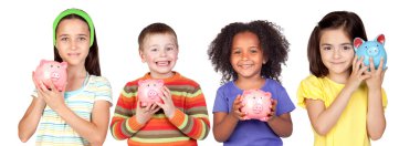 Four happy children with moneybox savings clipart