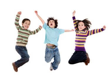 Three happy children jumping at once clipart