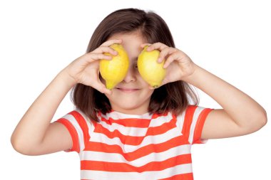 Brunette little girl with two lemons clipart