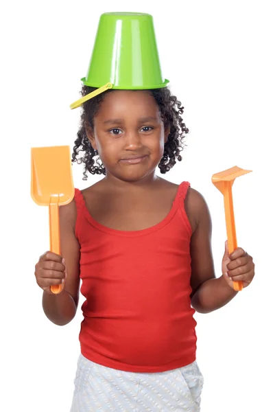Girl with bucket in her head — Stock Photo, Image