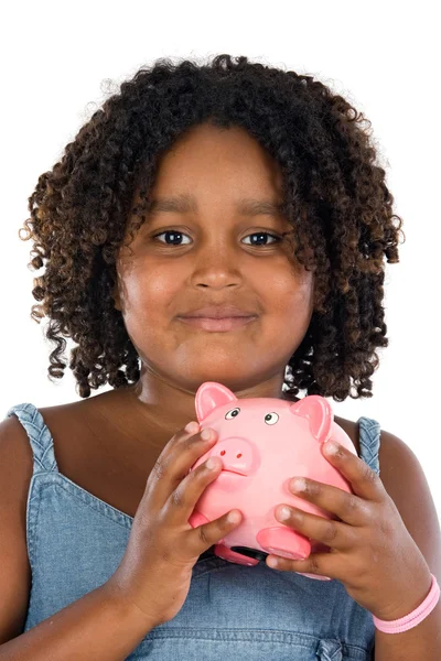 Schattig Afrikaanse meisje met roze piggy bank — Stockfoto