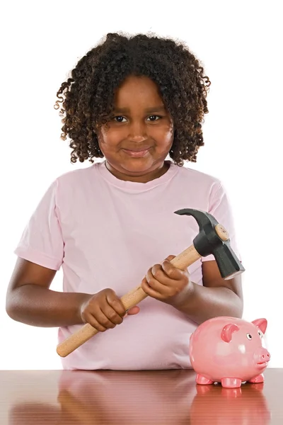 Menina feliz com martelo e caixa de dinheiro — Fotografia de Stock