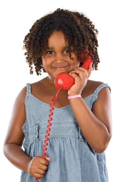 Pretty girl with red phone — Stock Photo, Image