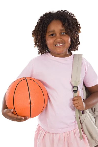 Estudante menina Africano com basquete e mochila — Fotografia de Stock