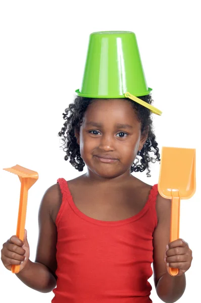 Girl with bucket in her head — Stock Photo, Image