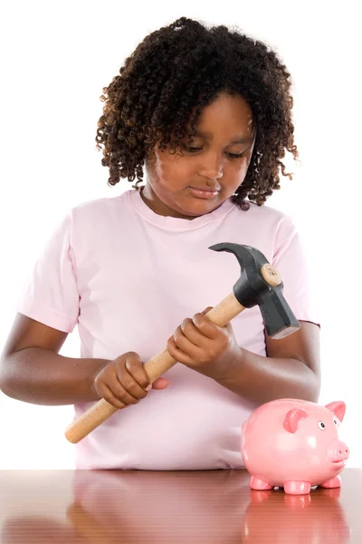 Girl with hammer and money box — Stock Photo, Image