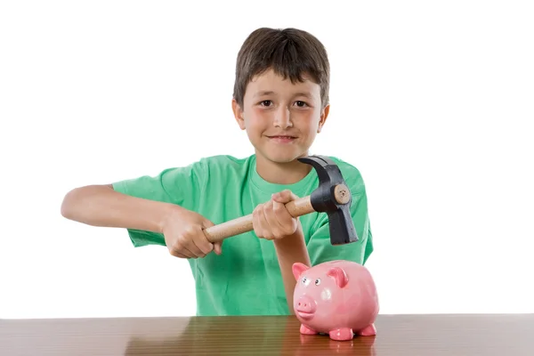 Surprised girl with moneybox and hammer — Stock Photo, Image