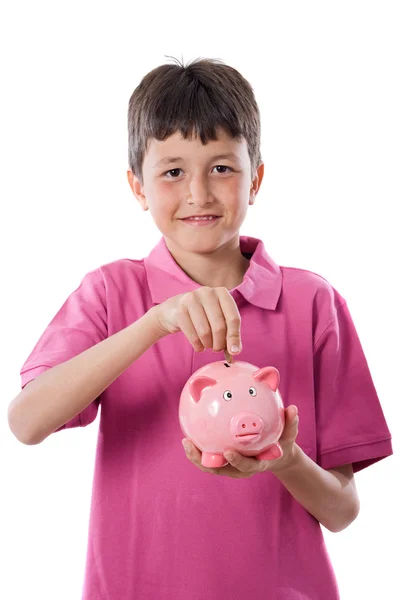 Adorable niño con ahorros de caja de dinero —  Fotos de Stock