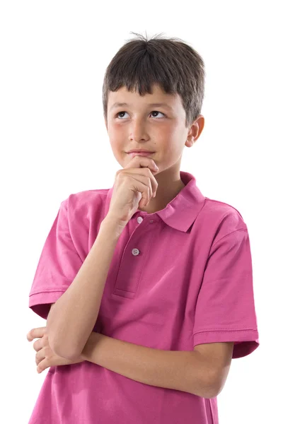 Nachdenklicher Junge mit pinkfarbener Kleidung — Stockfoto