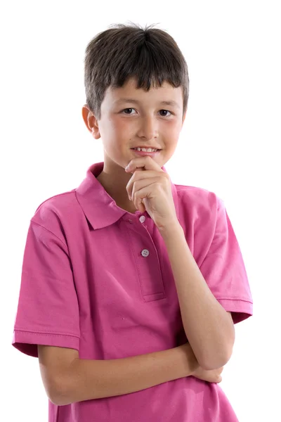 Продуманий хлопчик з рожевим одягом — стокове фото