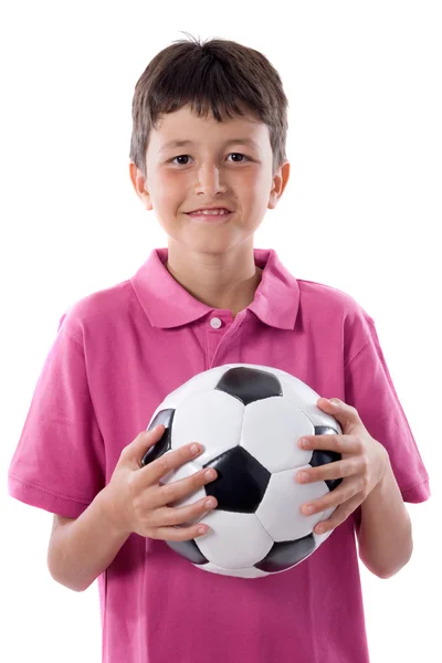 Garçon heureux tenant ballon de football — Photo