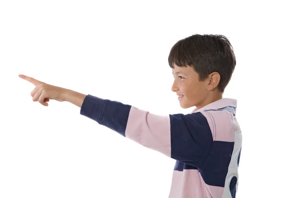 Happy boy pointing with her finger — Stock Photo, Image