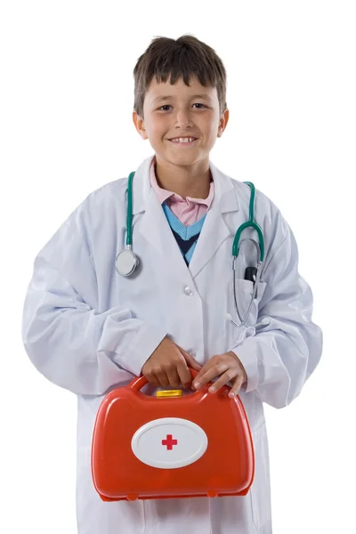 Schattige jongen met kleren van arts geïsoleerd op wit — Stockfoto