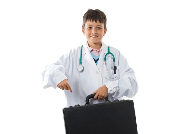 Menino adorável com roupas de médico isolado em branco — Fotografia de Stock