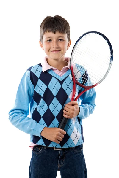 Rozkošný chlapec s raketou tenisový — Stock fotografie