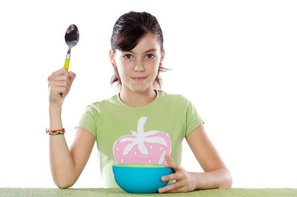 Young girl with blue bowl — Stock Photo, Image
