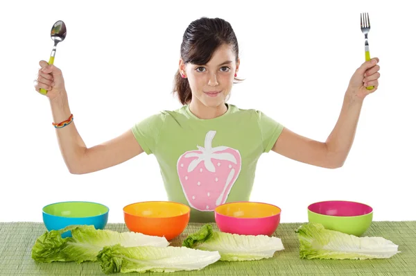 Girl with colourful bowls — Stock Photo, Image