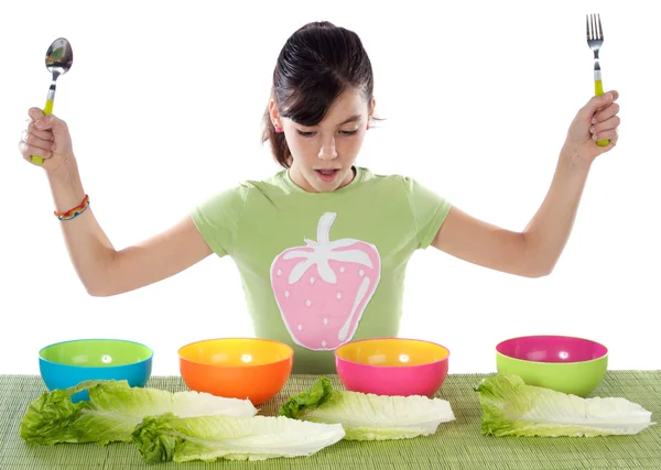 Girl with colourful bowls — Stock Photo, Image