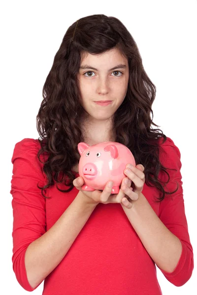 Menina adolescente com rosa piggy-bank — Fotografia de Stock